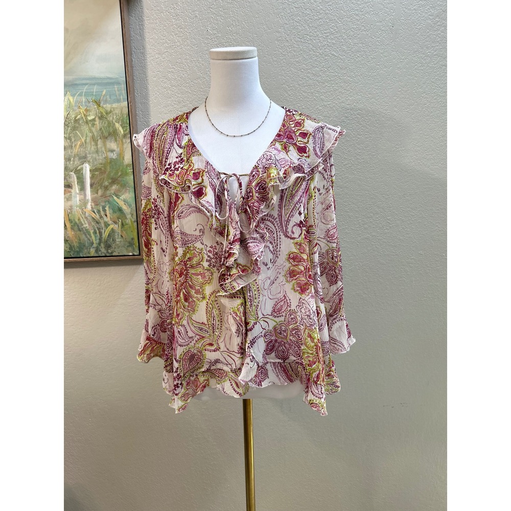 Zara Womens Small Pink Green Paisley Ruffle Tie Front Metallic Sheer Blouse Top